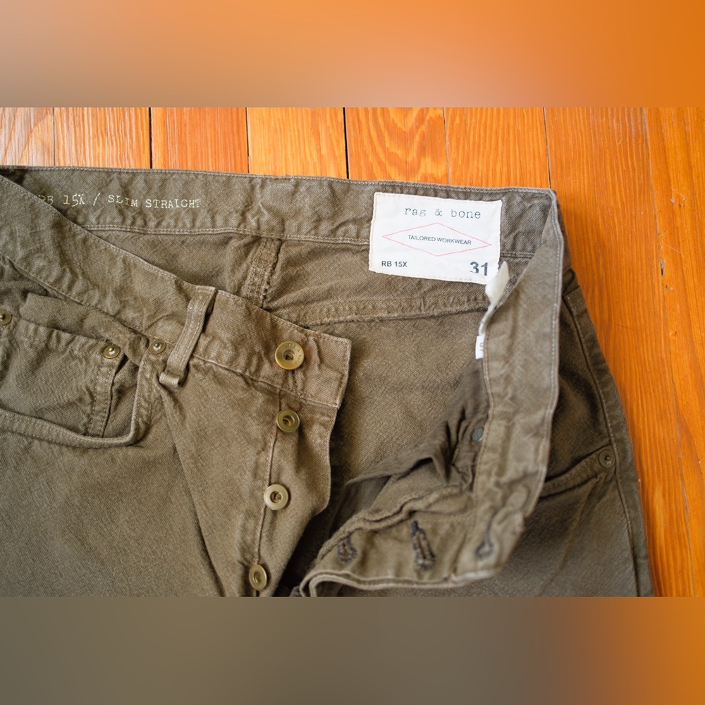 Rag & Bone RB15X Dark Olive Green Slim Straight Canvas Jeans 31x30